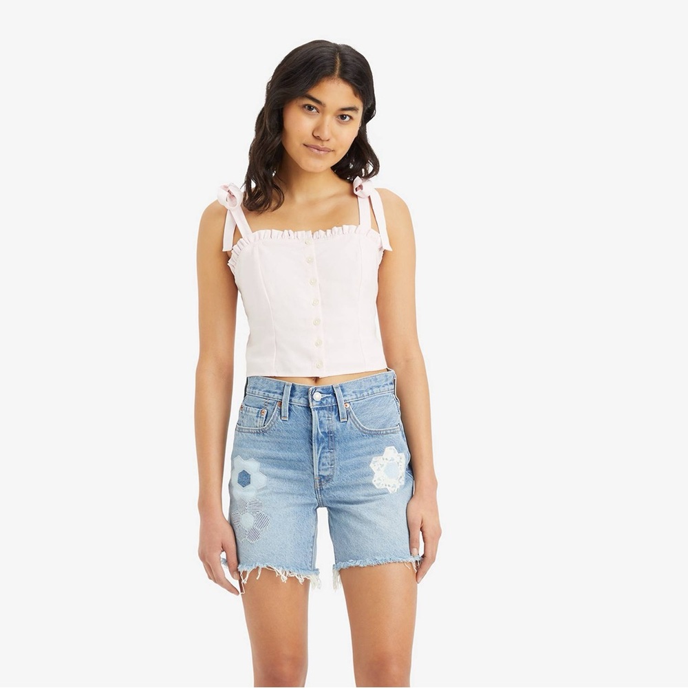 LEVI’S 501 MID THIGH WOMEN'S SHORTS GEO FLORAL APLIQUÉ - Picture 2 of 11
